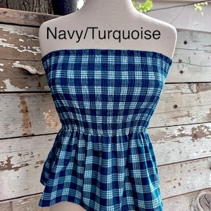 Strapless Palaka Shirred Top with peplum-Made-to-Order, Made in Hawaii, pls read entire description—MORE COLORS AVAILABLE-see other listings Navy/Turquoise