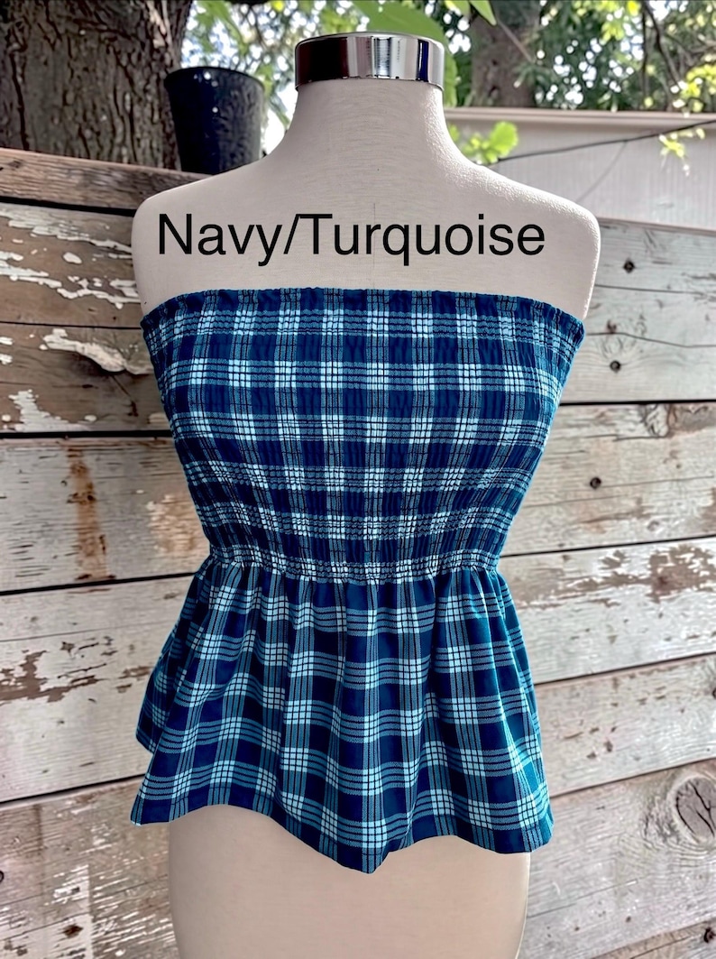 Strapless Palaka Shirred Top with peplum-Made-to-Order, Made in Hawaii, pls read entire description—MORE COLORS AVAILABLE-see other listings Navy/Turquoise