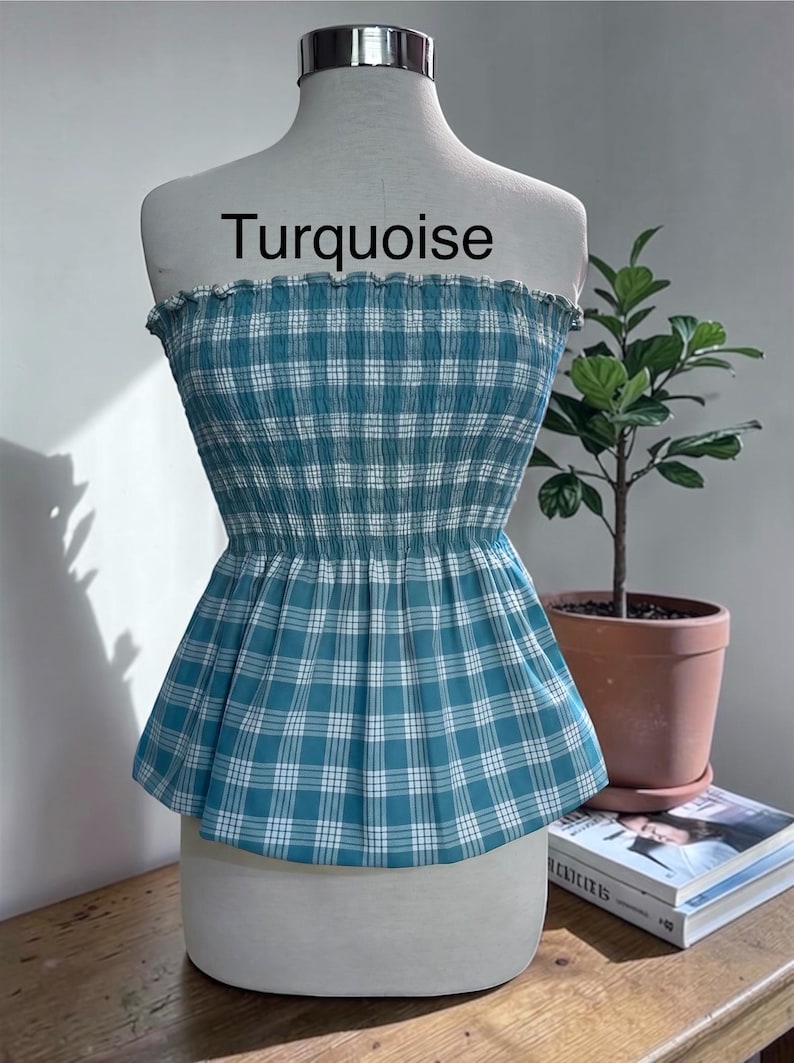 Strapless Palaka Shirred Top with peplum-Made-to-Order, Made in Hawaii, pls read entire description—MORE COLORS AVAILABLE-see other listings Turquoise