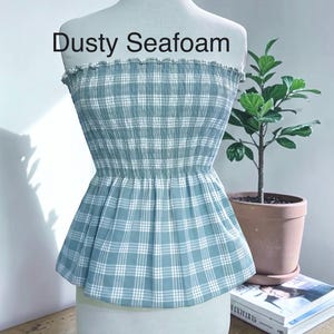 Strapless Palaka Shirred Top with peplum-Made-to-Order, Made in Hawaii, pls read entire description—MORE COLORS AVAILABLE-see other listings Dusty Seafoam