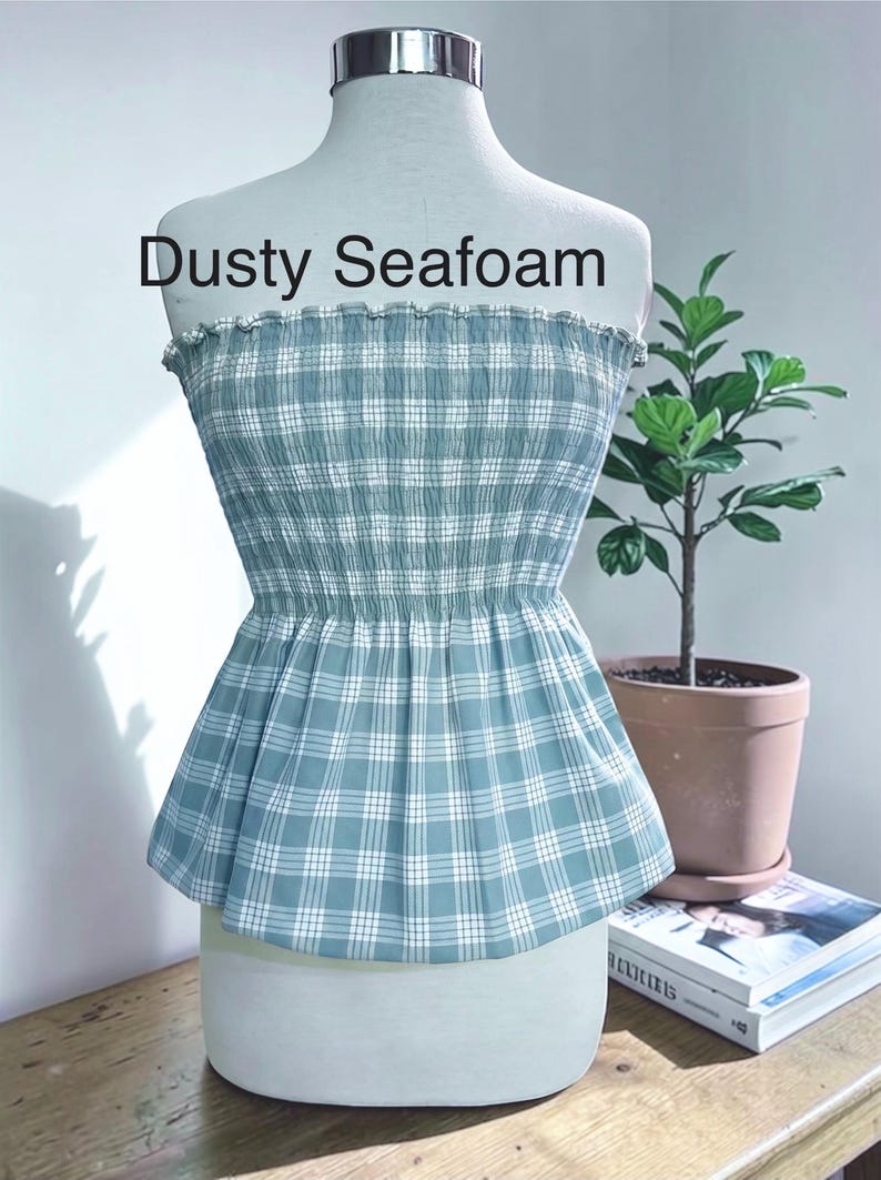 Strapless Palaka Shirred Top with peplum-Made-to-Order, Made in Hawaii, pls read entire description—MORE COLORS AVAILABLE-see other listings Dusty Seafoam