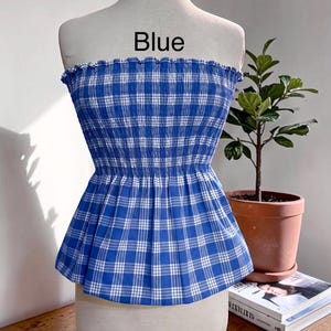 Strapless Palaka Shirred Top with peplum-Made-to-Order, Made in Hawaii, pls read entire description—MORE COLORS AVAILABLE-see other listings Blue