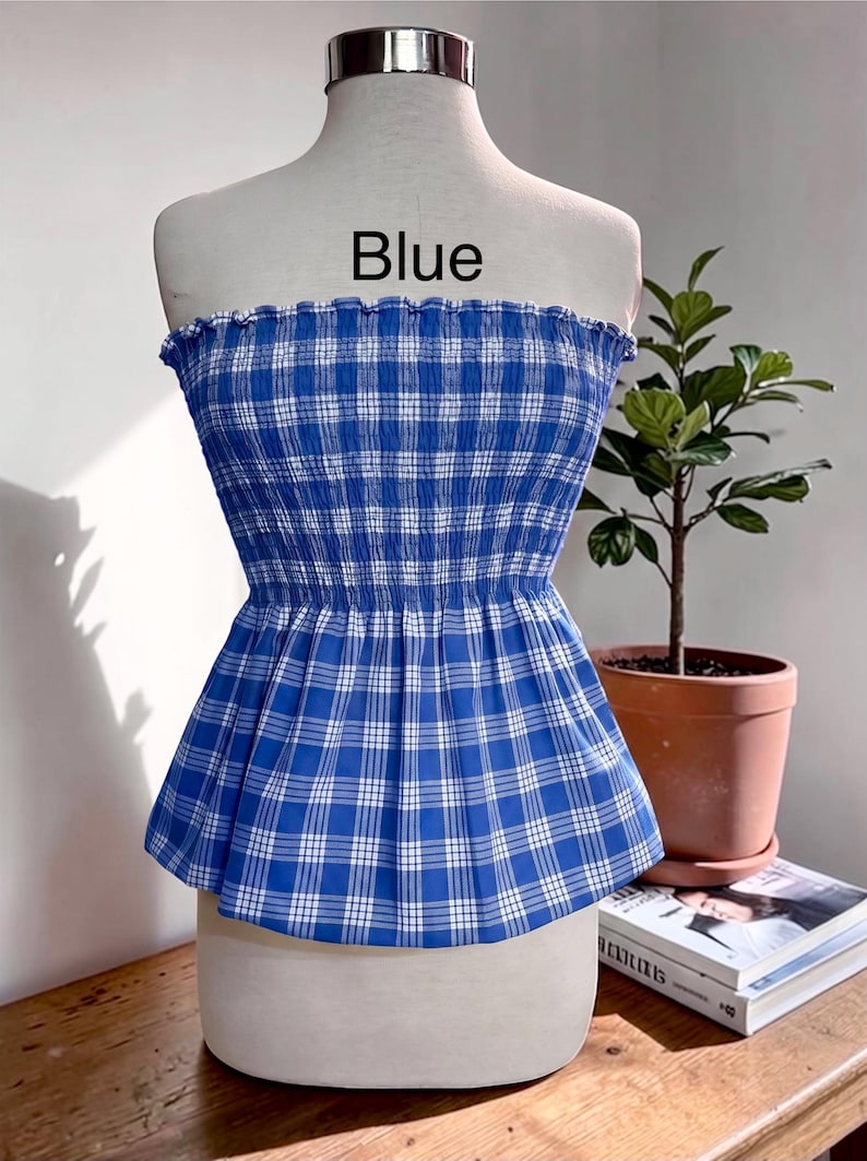 Strapless Palaka Shirred Top with peplum-Made-to-Order, Made in Hawaii, pls read entire description—MORE COLORS AVAILABLE-see other listings Blue