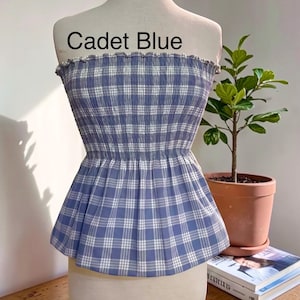 Strapless Palaka Shirred Top with peplum-Made-to-Order, Made in Hawaii, pls read entire description—MORE COLORS AVAILABLE-see other listings Cadet Blue