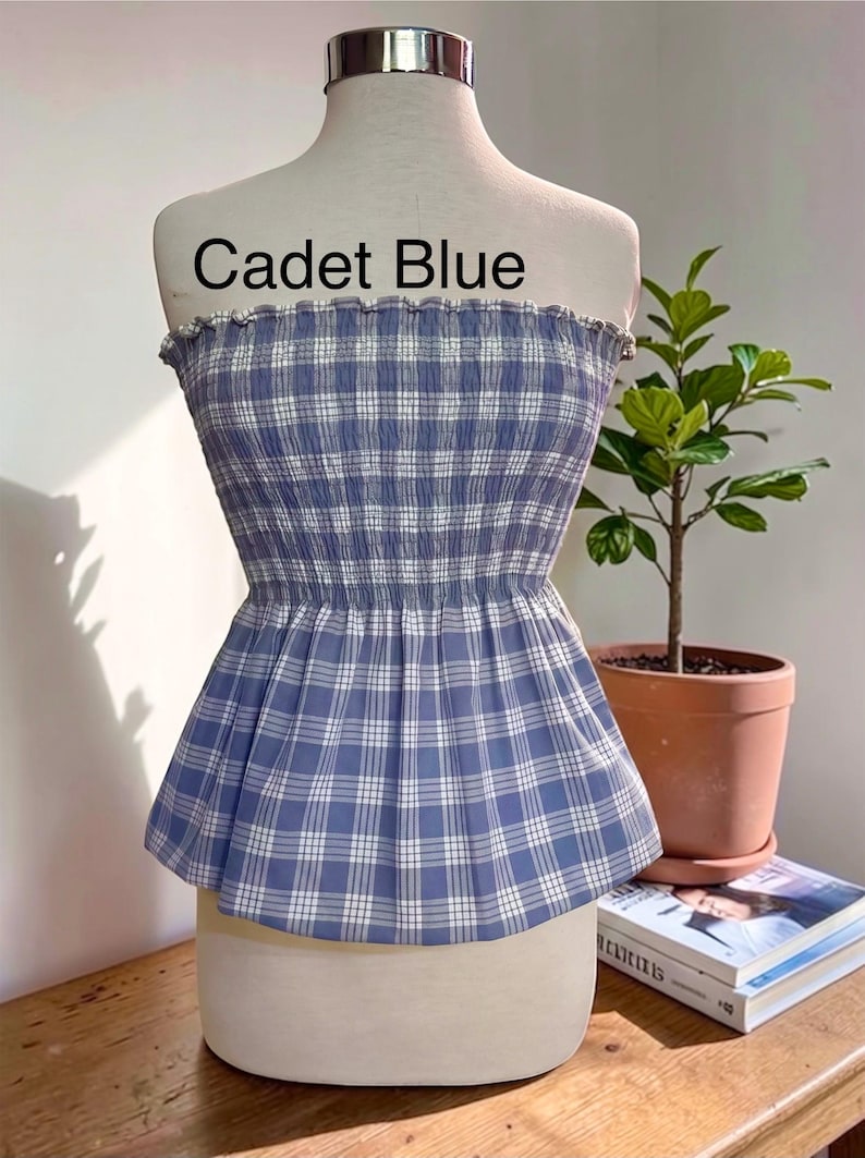 Strapless Palaka Shirred Top with peplum-Made-to-Order, Made in Hawaii, pls read entire description—MORE COLORS AVAILABLE-see other listings Cadet Blue