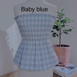 Strapless Palaka Shirred Top with peplum-Made-to-Order, Made in Hawaii, pls read entire description—MORE COLORS AVAILABLE-see other listings Baby Blue