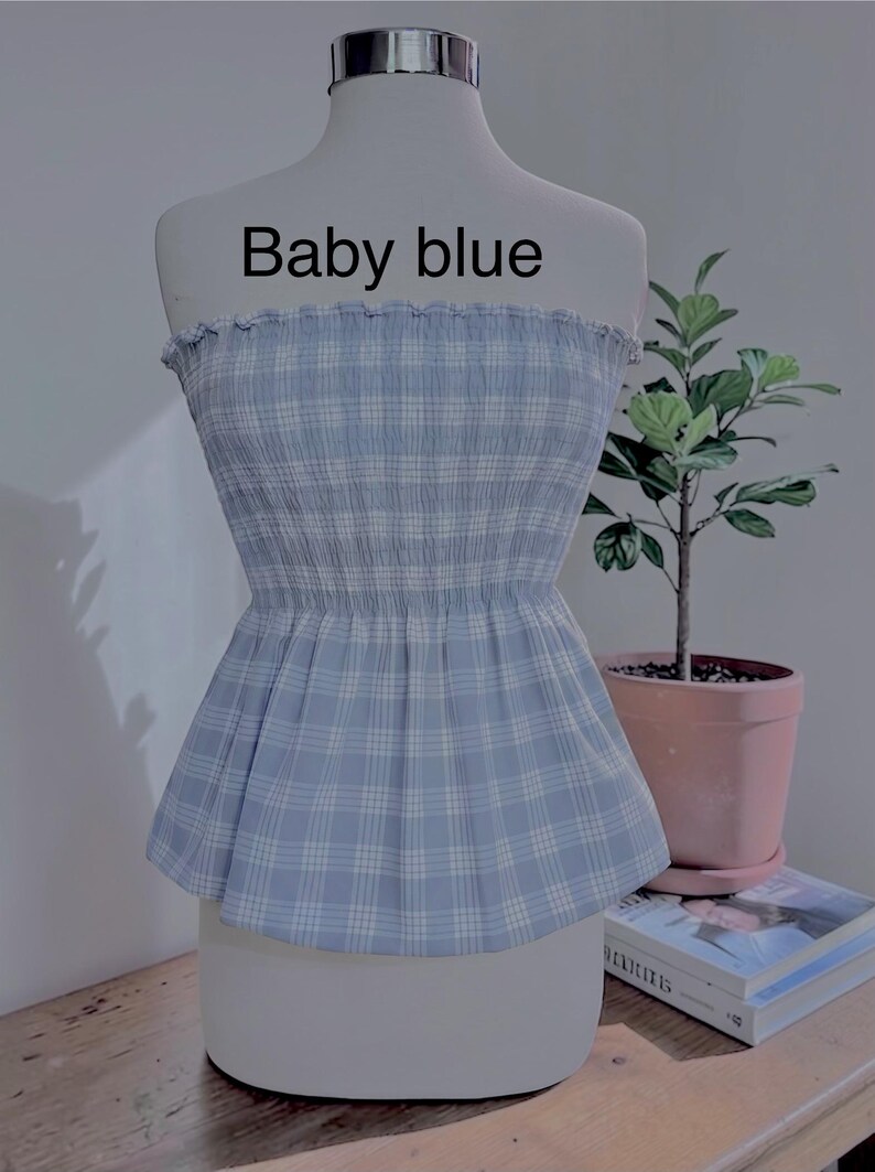 Strapless Palaka Shirred Top with peplum-Made-to-Order, Made in Hawaii, pls read entire description—MORE COLORS AVAILABLE-see other listings Baby Blue