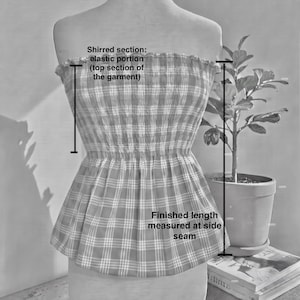 photo shows how length of garment and length of shirred bodice is measured