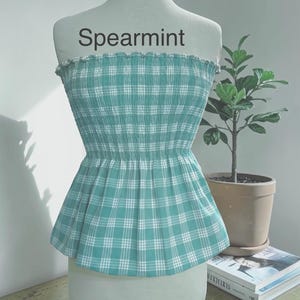 Strapless Palaka Shirred Top with peplum-Made-to-Order, Made in Hawaii, pls read entire description—MORE COLORS AVAILABLE-see other listings Spearmint