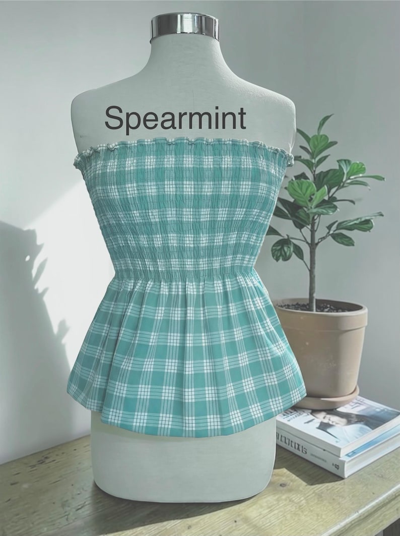 Strapless Palaka Shirred Top with peplum-Made-to-Order, Made in Hawaii, pls read entire description—MORE COLORS AVAILABLE-see other listings Spearmint
