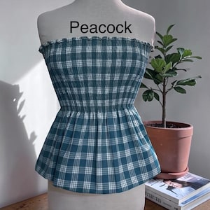 Strapless Palaka Shirred Top with peplum-Made-to-Order, Made in Hawaii, pls read entire description—MORE COLORS AVAILABLE-see other listings Peacock