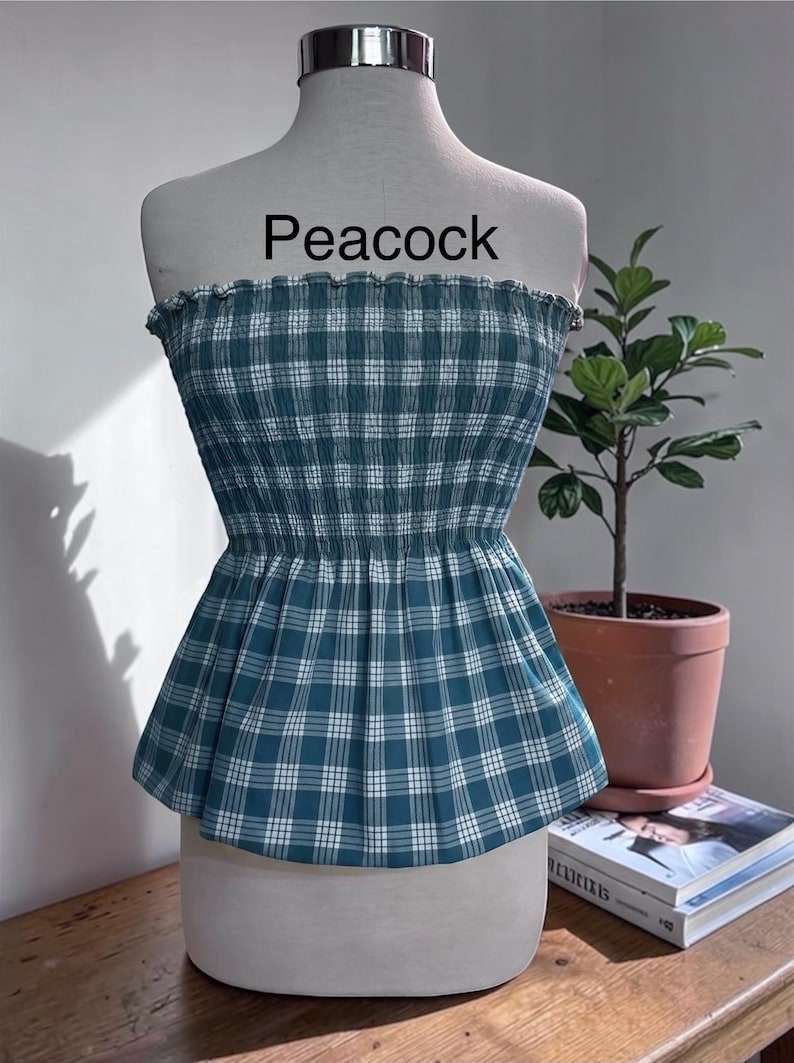 Strapless Palaka Shirred Top with peplum-Made-to-Order, Made in Hawaii, pls read entire description—MORE COLORS AVAILABLE-see other listings Peacock
