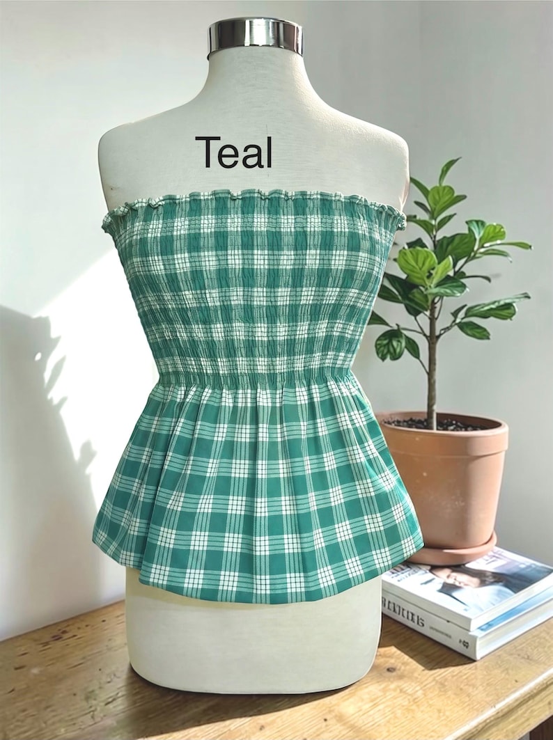 Strapless Palaka Shirred Top with peplum-Made-to-Order, Made in Hawaii, pls read entire description—MORE COLORS AVAILABLE-see other listings Teal