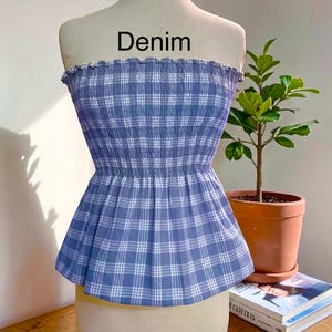 Strapless Palaka Shirred Top with peplum-Made-to-Order, Made in Hawaii, pls read entire description—MORE COLORS AVAILABLE-see other listings Denim