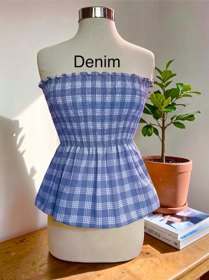 Strapless Palaka Shirred Top with peplum-Made-to-Order, Made in Hawaii, pls read entire description—MORE COLORS AVAILABLE-see other listings Denim