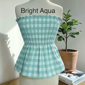 Strapless Palaka Shirred Top with peplum-Made-to-Order, Made in Hawaii, pls read entire description—MORE COLORS AVAILABLE-see other listings Bright Aqua