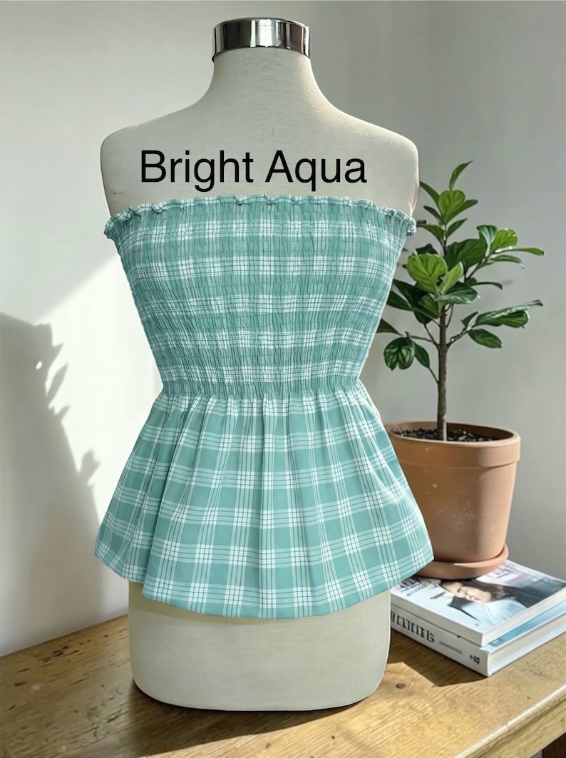 Strapless Palaka Shirred Top with peplum-Made-to-Order, Made in Hawaii, pls read entire description—MORE COLORS AVAILABLE-see other listings Bright Aqua