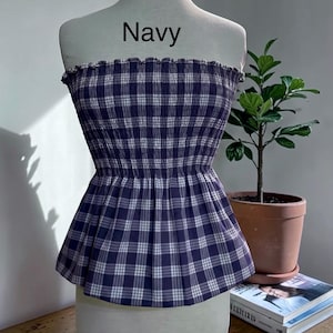 Strapless Palaka Shirred Top with peplum-Made-to-Order, Made in Hawaii, pls read entire description—MORE COLORS AVAILABLE-see other listings Navy