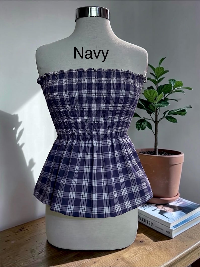 Strapless Palaka Shirred Top with peplum-Made-to-Order, Made in Hawaii, pls read entire description—MORE COLORS AVAILABLE-see other listings Navy