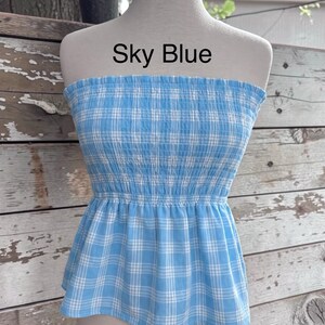 Strapless Palaka Shirred Top with peplum-Made-to-Order, Made in Hawaii, pls read entire description—MORE COLORS AVAILABLE-see other listings Sky Blue
