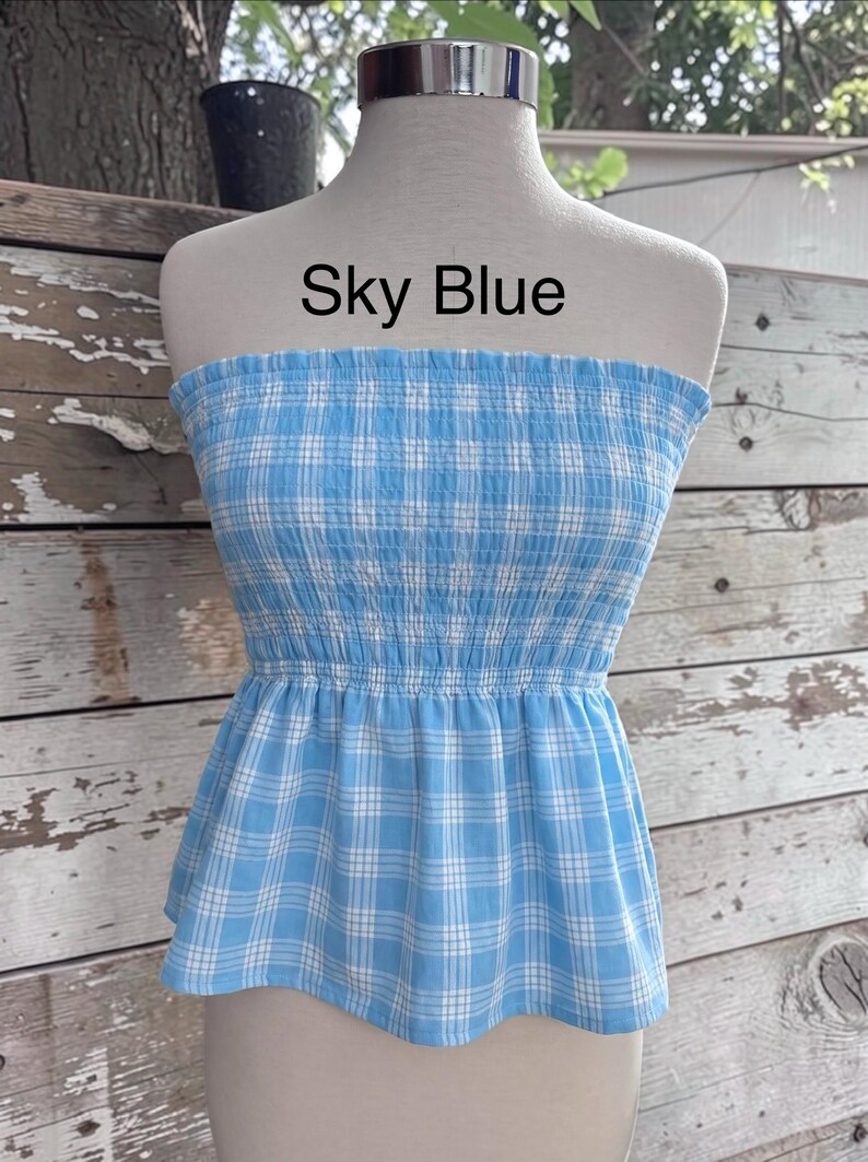 Strapless Palaka Shirred Top with peplum-Made-to-Order, Made in Hawaii, pls read entire description—MORE COLORS AVAILABLE-see other listings Sky Blue