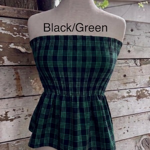 Strapless Palaka Shirred Top with peplum-Made-to-Order, Made in Hawaii, pls read entire description—MORE COLORS AVAILABLE-see other listings Black/Green