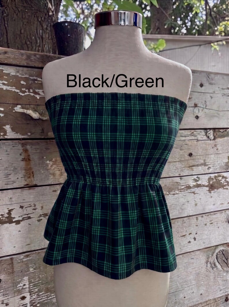 Strapless Palaka Shirred Top with peplum-Made-to-Order, Made in Hawaii, pls read entire description—MORE COLORS AVAILABLE-see other listings Black/Green