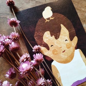 Carte couleurs Enfant poussin fond marron