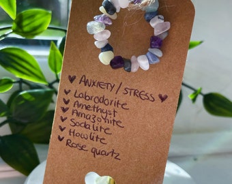 Anxiety/stress relief crystal ring rose Quartz howlite labradorite sodalite amazonite & amethyst