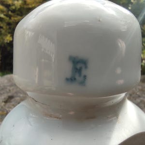 Könnte beinhalten: Ein weißer Keramikisolator mit abgerundeter Oberseite und ausgestellter Basis. Der Isolator hat einen blauen Buchstaben "E" auf der Vorderseite. Der Hintergrund ist verschwommen und zeigt grünes Laub.