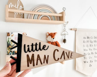 Little Man Cave Wooden Sign, Boys Room Pennant Flag, Boy Room Decor, Nursery Wall Art, Boy Nursery Decor, Playroom Wall Art, Toddler Room