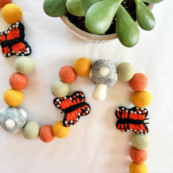 Butterfly Garland, Mushroom Garland, Woodland Nursery, Butterfly Nursery, Boho Felt Ball Garland, Mushroom Nursery Decor, Pom Pom Garland