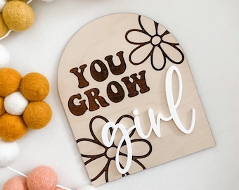 You Grow Girl Nursery Sign, Nursery Shelf Decor, Boho Girl Nursery, Wooden Arch Nursery Sign, Daisy Nursery Decor, Daisy Bedroom Decor