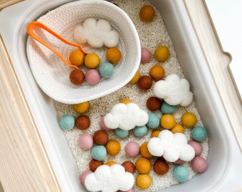 Rainbow Cloud Sensory Play, Felt Clouds, Rainbow Felt Balls, Weather Sensory Activity, Felt Clouds For Sensory Bin, Montessori Toddler