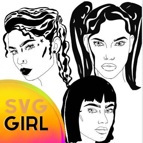digital Emo style beautiful face girls/ svg portrait/procreate painting girl/a girl with a nose piercing/curly hair/cleopatra style svg/