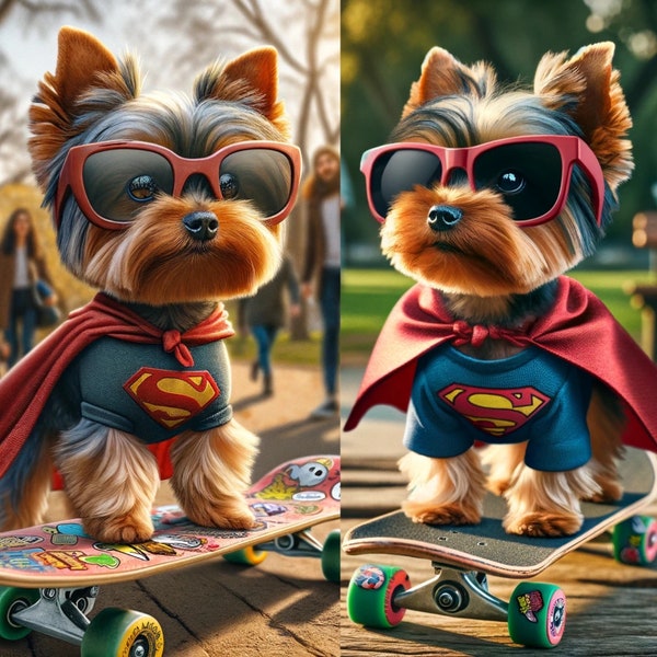 Superhero Dog,Yorkie on Skateboard,Canine hero art,pet Superhero print,cute dog decor,Dod lover gift,Yorkie Superhero Artwork,Canine Hero