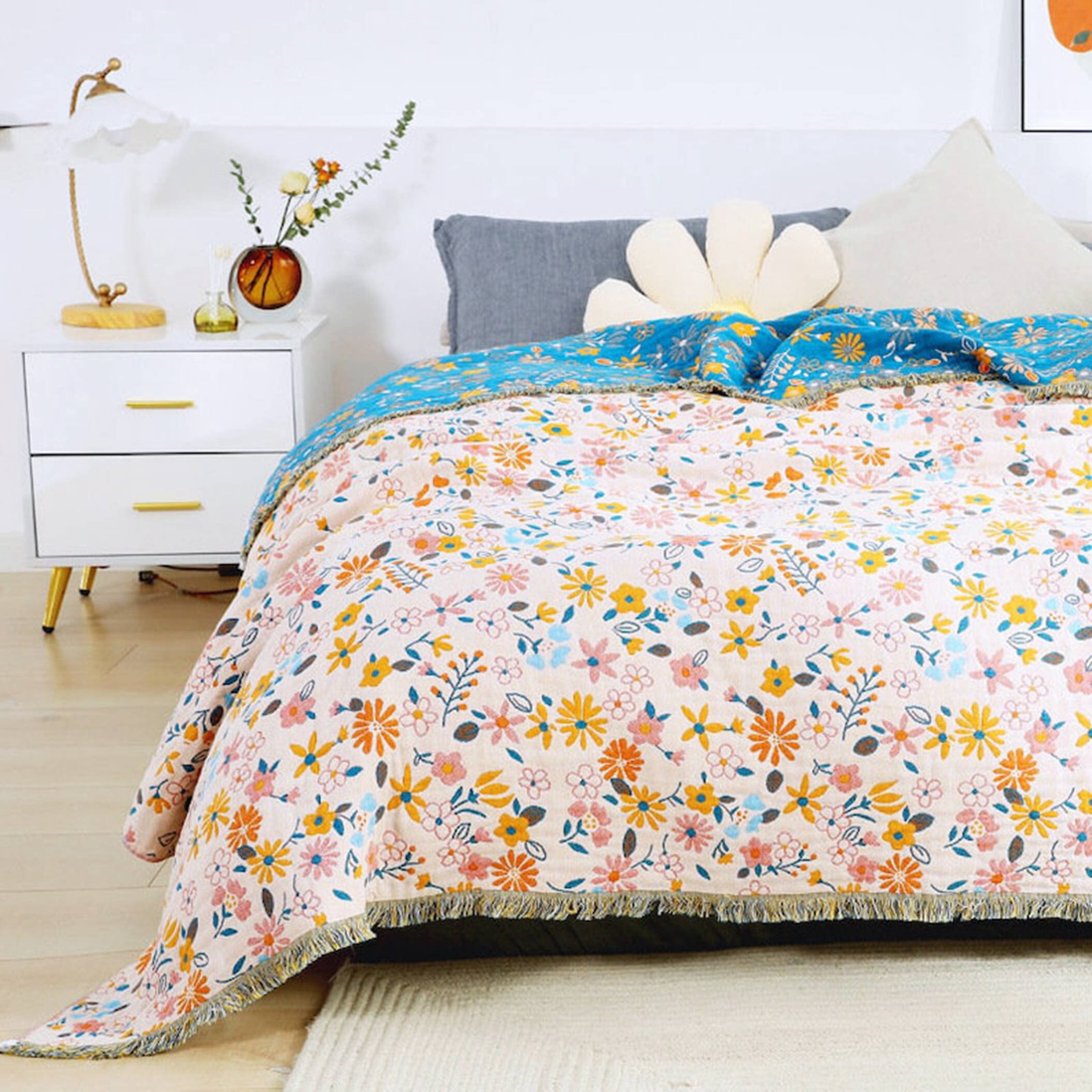 Floral Cotton Queen Blanket Sofa Blanket Girl Throw With Etsy