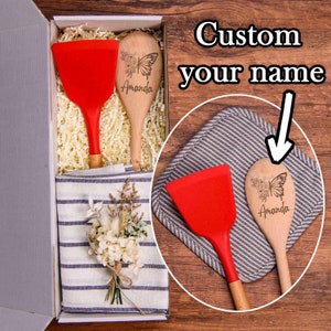 Benutzerdefinierte Küche Geschenkbox, gravierte Kochutensilien, Spatel und Löffel Set, Kochkorb mit Blume, Besuch Geschenke, Geschenk für neues Zuhause