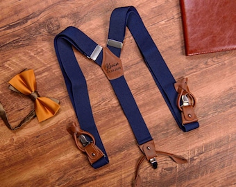 Navy Blue Leather Suspenders, Men&#39;s Suspenders, Groomsmen Suspenders, Groomsmen Proposal, Outdoor Suspenders, Father&#39;s Day Gift