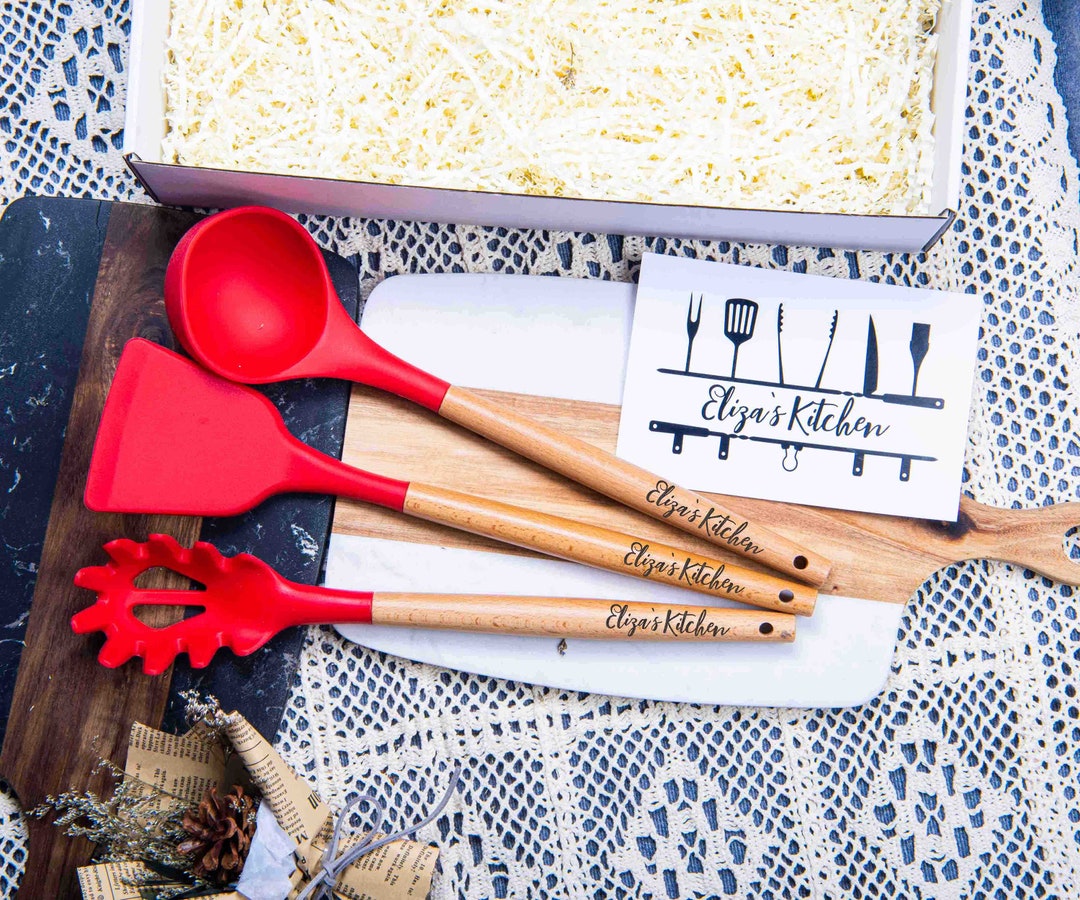 Custom Utensils Personalized Kitchen Utensil Set, Engraved Wooden Handle, Red Silicone ...