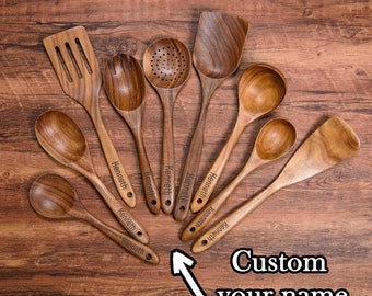 9Pcs Customized Wooden Cooking Utensil Set, Full Set Cooking Utensils, Kitchen Gift, Gift For Chef, Cooking Essentials, Gift For Mom
