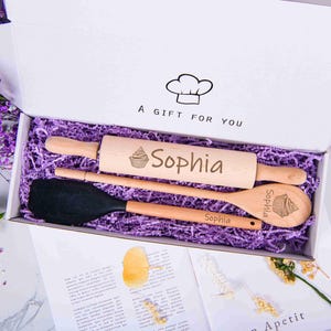 Personalisiertes Backwerkzeug-Set, Geschenkbox für Bäcker, Geburtstagsgeschenk, Gravurholzlöffel, Backwerkzeug-Set, Geschenk für Bäcker, Kochgeschenkbox