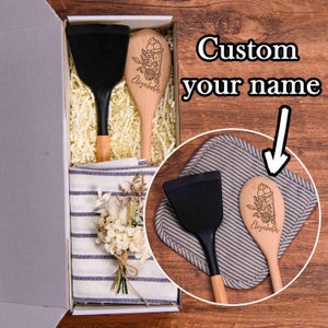 Gravierter Holzlöffel, personalisierte Geschenkbox, Backgeschenke, Silikonwender, Geburtstagsgeschenkbox, Kochgeschenk, Kochutensilien