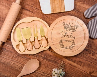 Personalized Bamboo Cheese Board and Knife Set, Engraved Kitchen Gift