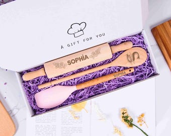 Personalized Baking Gift Box, Engraved Rolling Pin, Spoon and Spatula, Gift For Baker, Birthday Gift Box, Baking Party Favors, New Home Gift