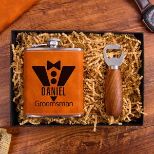 Personalized Groomsmen Gift Box, Best Man Gift, Fathers Day Gift, Custom Flask, Wooden Bottler Opener, Groomsman Proposal Box