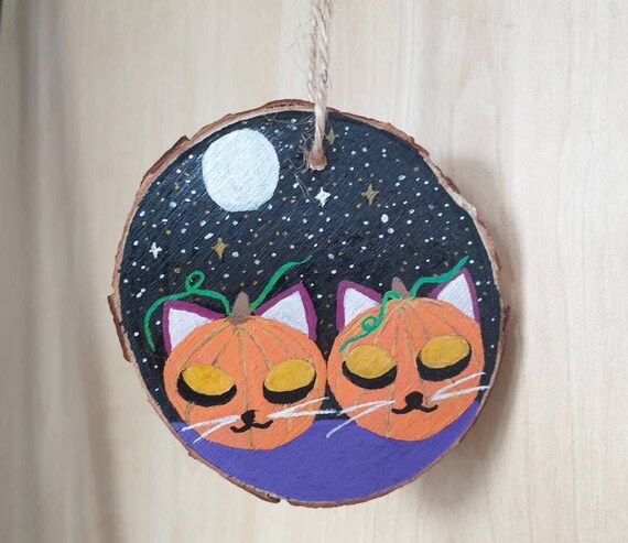 Hand Painted Wood Slice Halloween Decoration Cat Painting Etsy