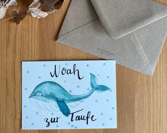 Personalisierte Karte zur Taufe Wal, Karte zur Taufe mit Umschlag kleiner Wal, mit Kraftpapier Umschlag ,Aquarell Wal alles Liebe, Taufkarte