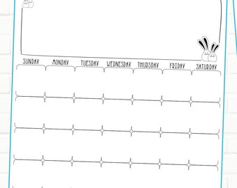 Op de afbeelding: Een zwart-witte printbare weekplanner met een konijnenillustratie bovenaan en onderaan. De planner heeft een ruimte voor elke dag van de week, van zondag tot en met zaterdag, en is verdeeld in secties voor elke dag. De planner heeft lijnen om in te schrijven.