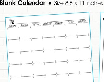 Op de afbeelding: Een blanco kalender met een eenvoudig ontwerp, met een zwart-witte illustratie van een konijn. De kalender is verdeeld in zeven kolommen voor elke dag van de week, met lijnen om afspraken of gebeurtenissen in te schrijven. De kalender is 8,5 inch bij 11 inch.